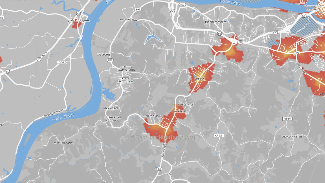 Walk Grade map of 26181, WV, walkable areas in green and car-dependent areas in red
