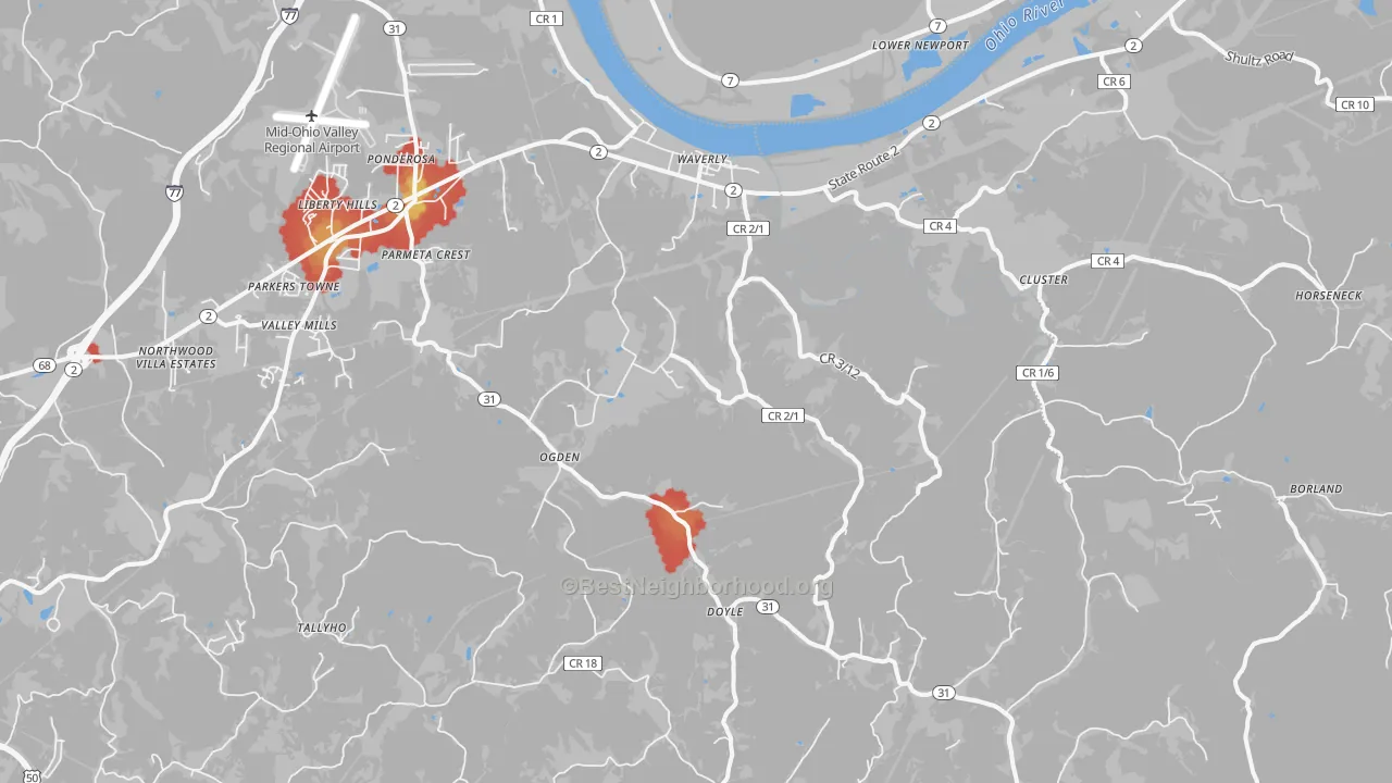 Walk Grade map of 26184, WV, walkable areas in green and car-dependent areas in red