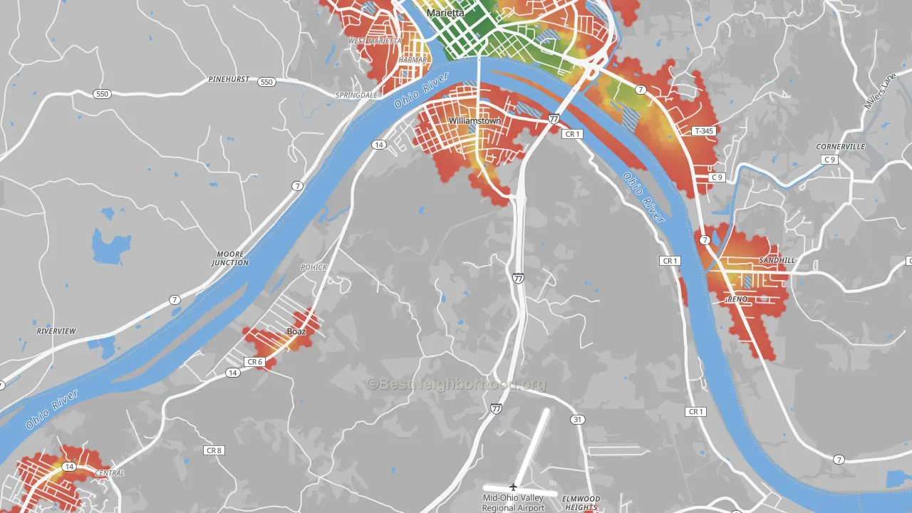 Walk Grade map of 26187, WV, walkable areas in green and car-dependent areas in red
