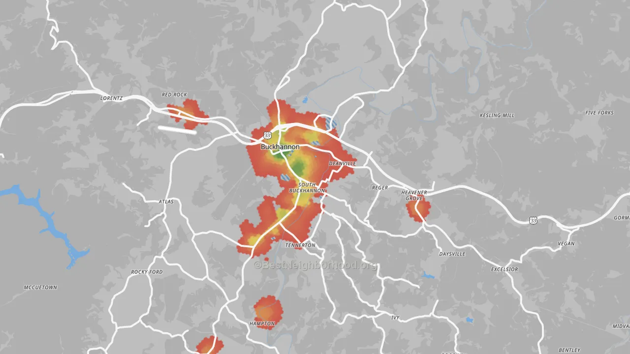 Walk Grade map of 26201, WV, walkable areas in green and car-dependent areas in red