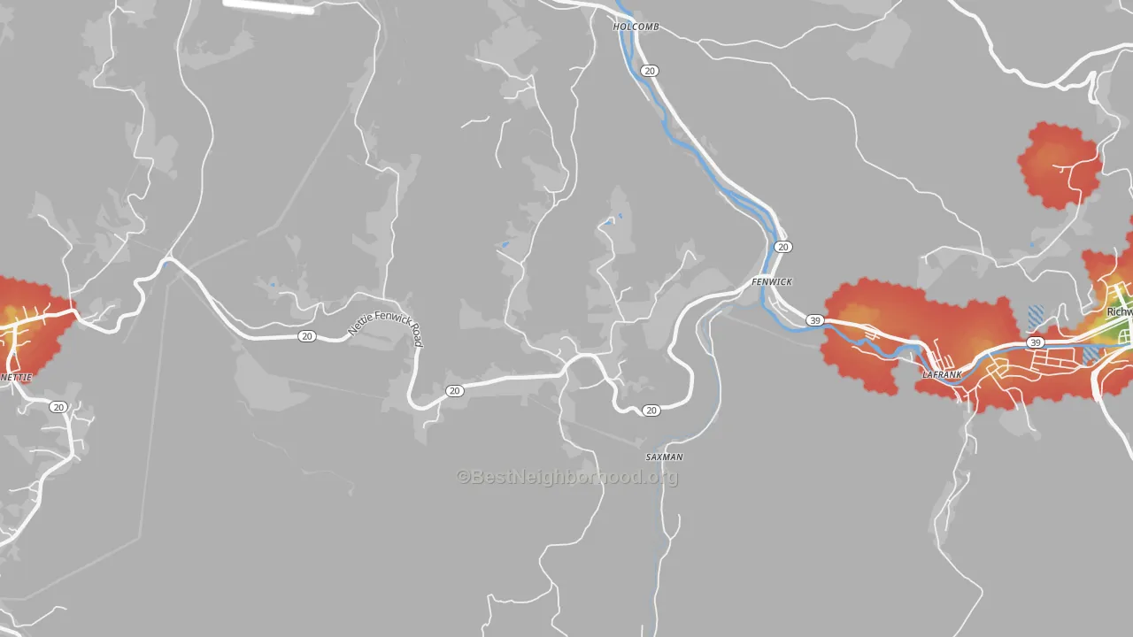 Walk Grade map of 26202, WV, walkable areas in green and car-dependent areas in red
