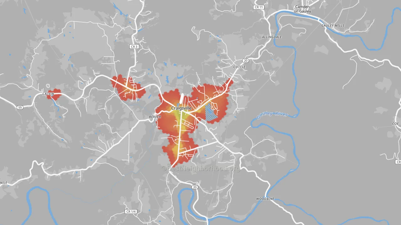 Walk Grade map of 26205, WV, walkable areas in green and car-dependent areas in red
