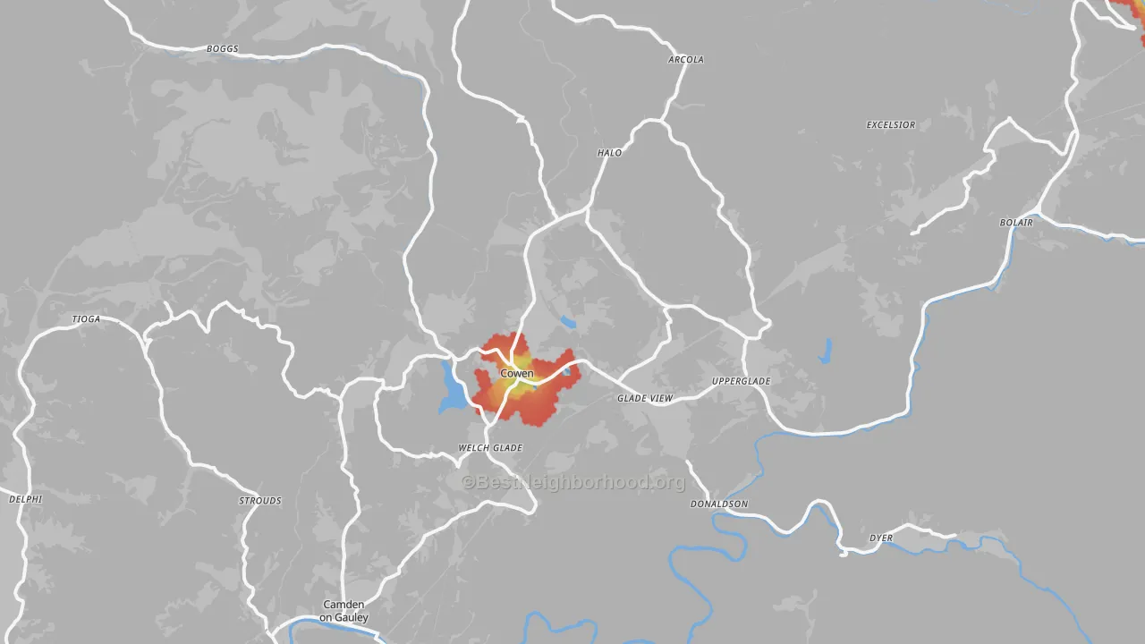 Walk Grade map of 26206, WV, walkable areas in green and car-dependent areas in red
