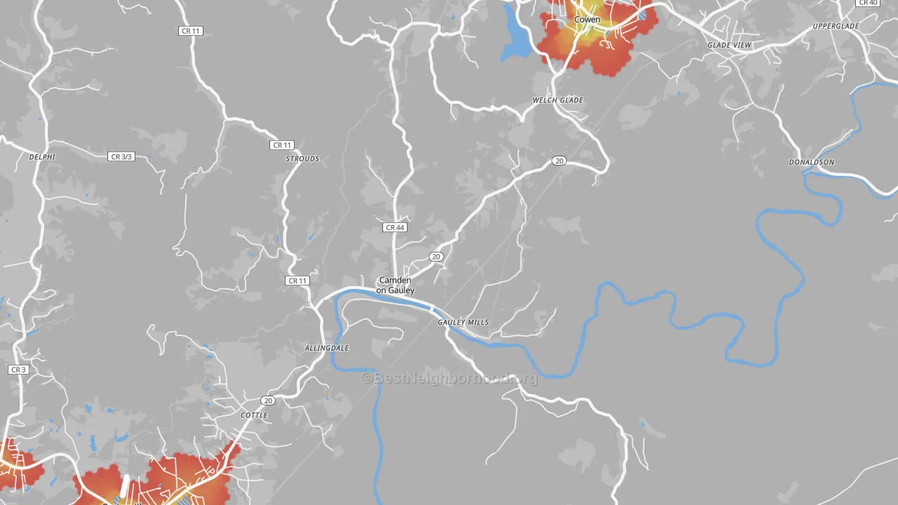 Walk Grade map of 26208, WV, walkable areas in green and car-dependent areas in red