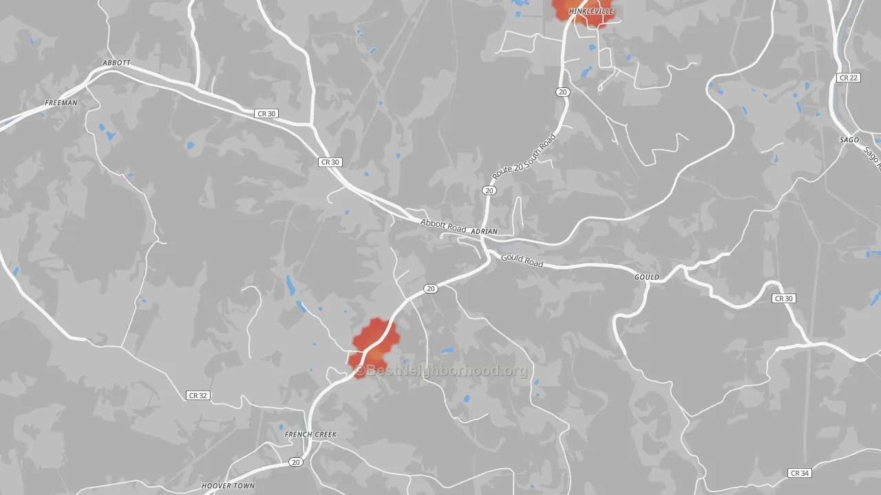 Walk Grade map of 26210, WV, walkable areas in green and car-dependent areas in red