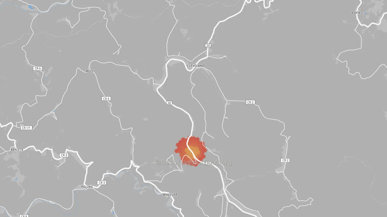 Walk Grade map of 26215, WV, walkable areas in green and car-dependent areas in red