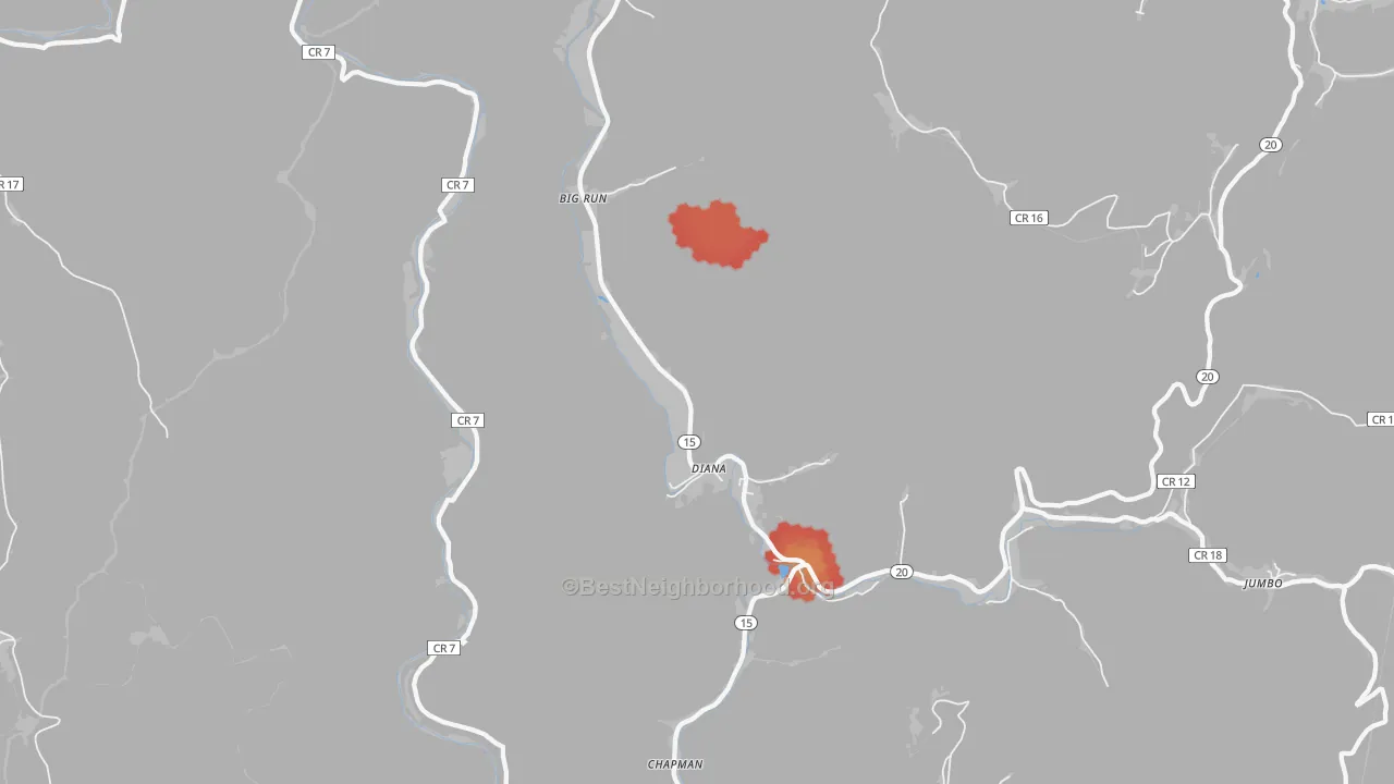 Walk Grade map of 26217, WV, walkable areas in green and car-dependent areas in red