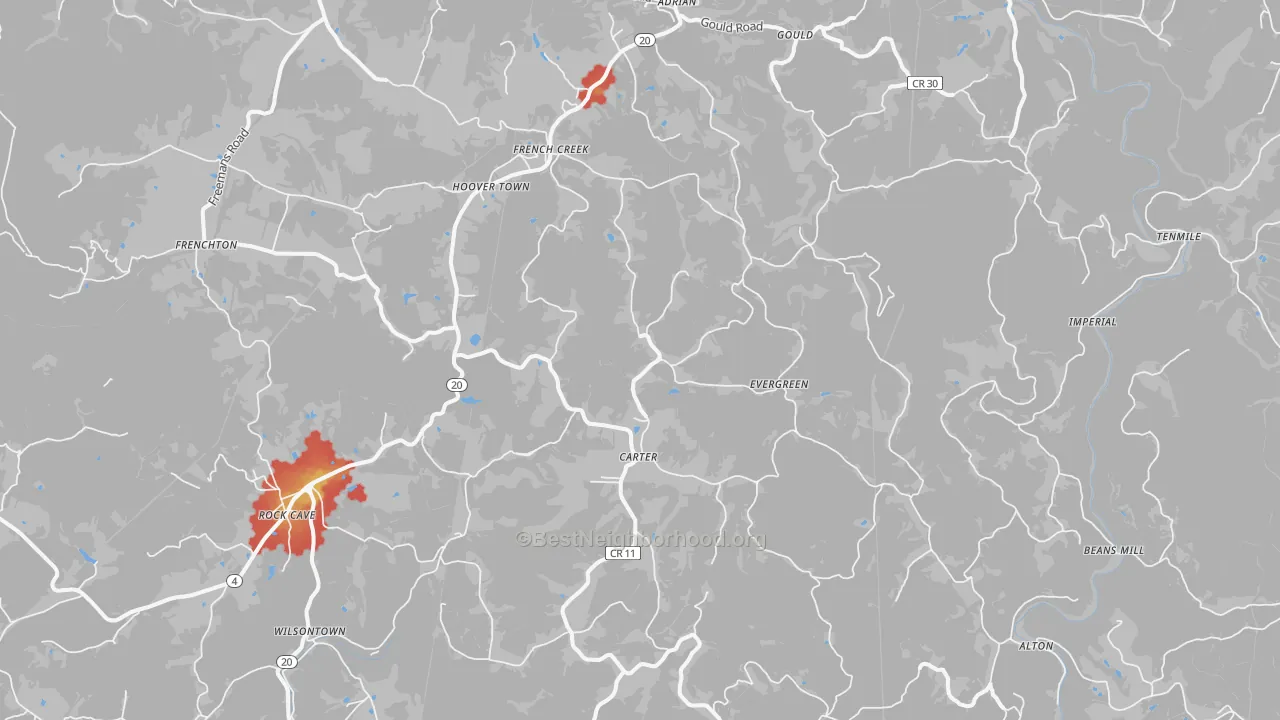 Walk Grade map of 26218, WV, walkable areas in green and car-dependent areas in red