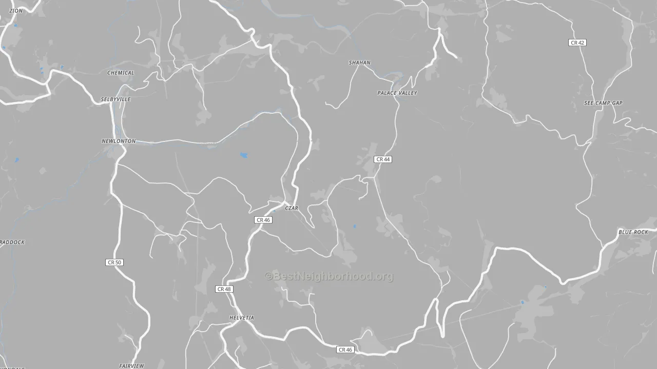 Walk Grade map of 26224, WV, walkable areas in green and car-dependent areas in red