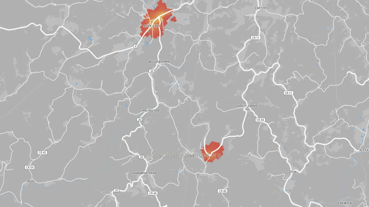 Walk Grade map of 26234, WV, walkable areas in green and car-dependent areas in red