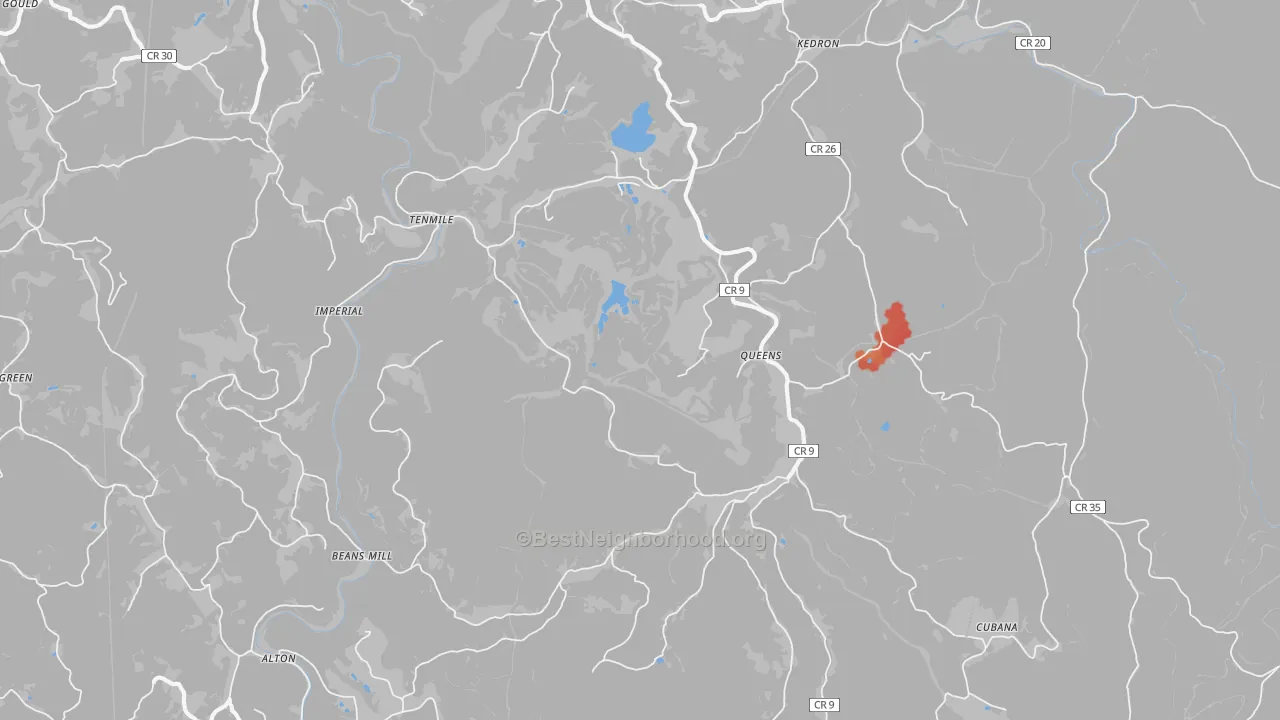 Walk Grade map of 26237, WV, walkable areas in green and car-dependent areas in red