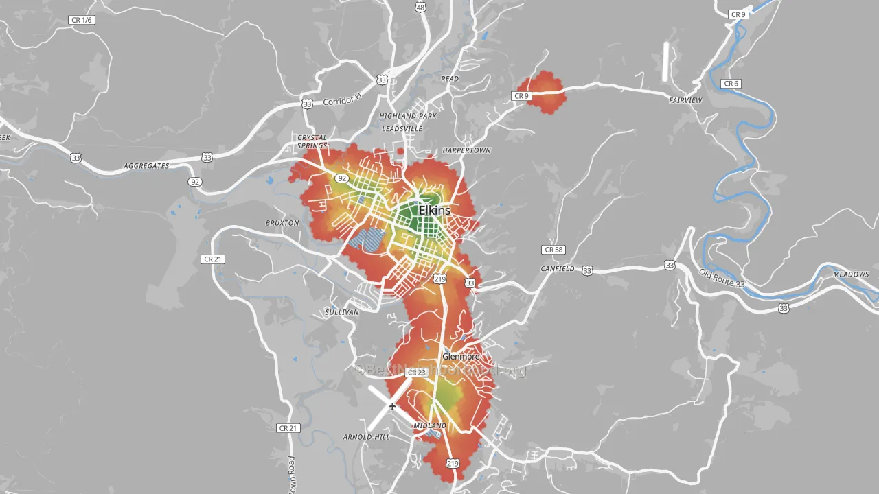 Walk Grade map of 26241, WV, walkable areas in green and car-dependent areas in red