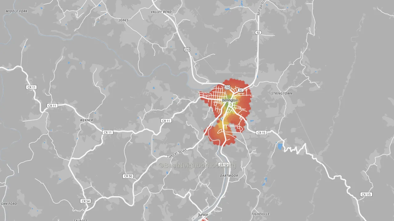 Walk Grade map of 26250, WV, walkable areas in green and car-dependent areas in red