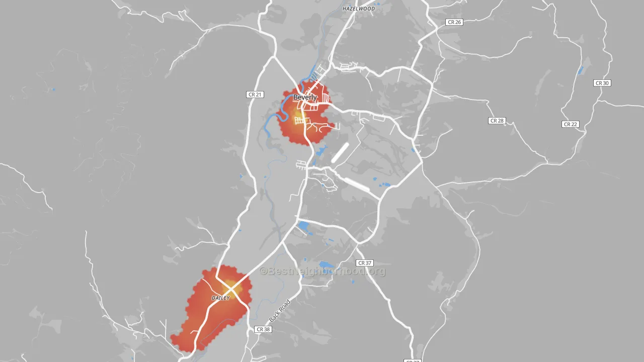 Walk Grade map of 26253, WV, walkable areas in green and car-dependent areas in red