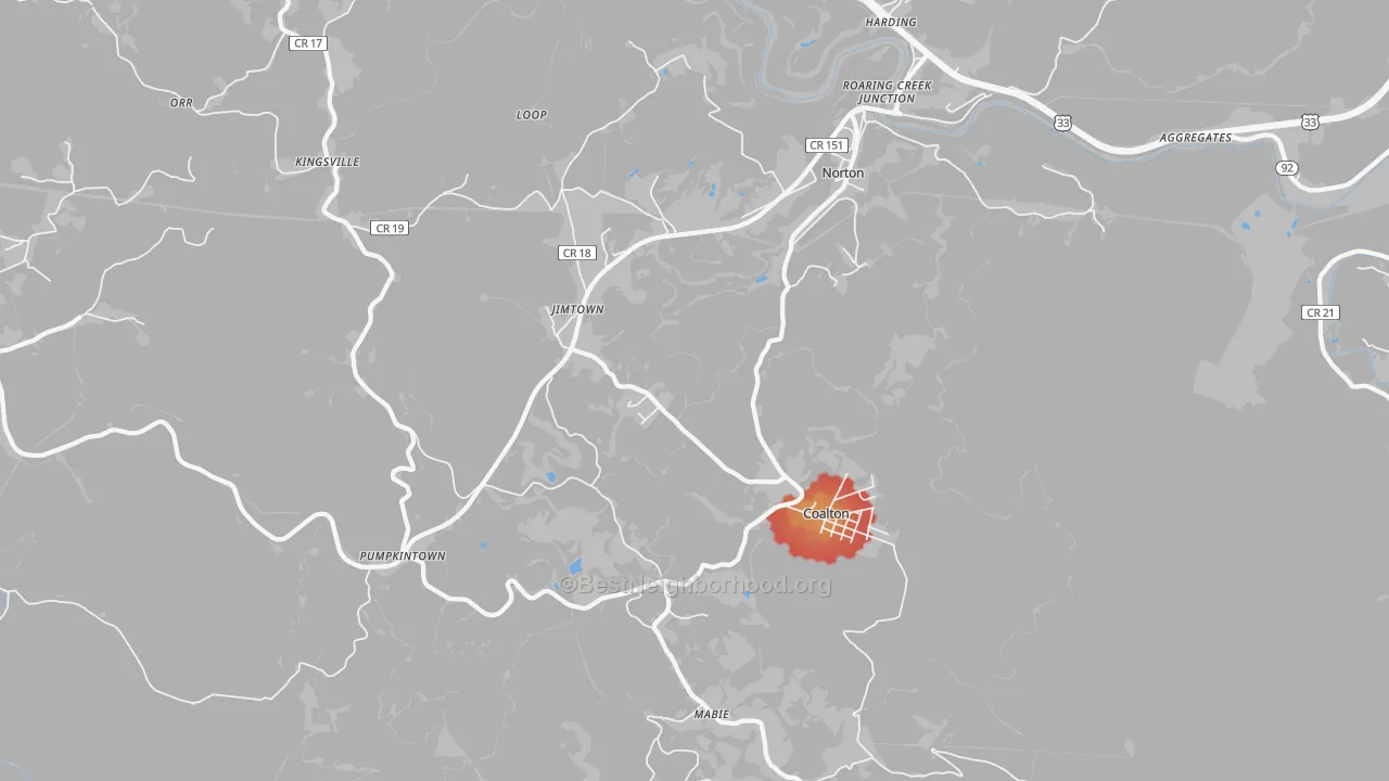 Walk Grade map of 26257, WV, walkable areas in green and car-dependent areas in red