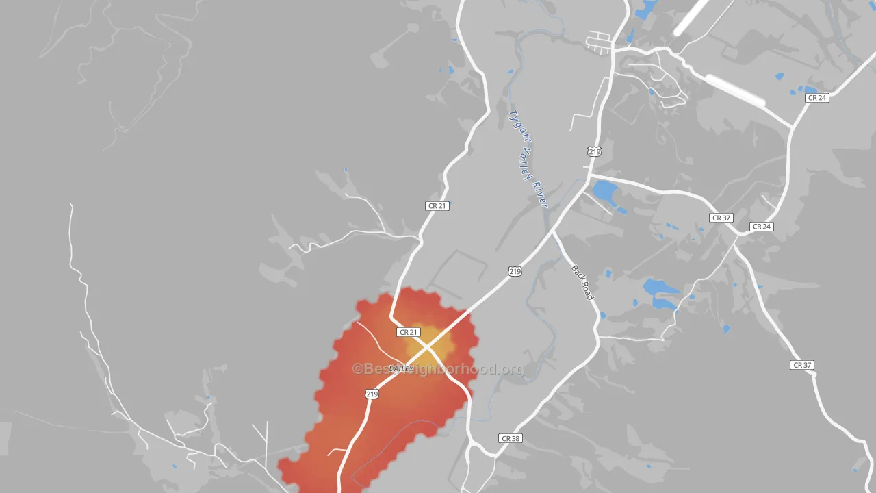 Walk Grade map of 26259, WV, walkable areas in green and car-dependent areas in red