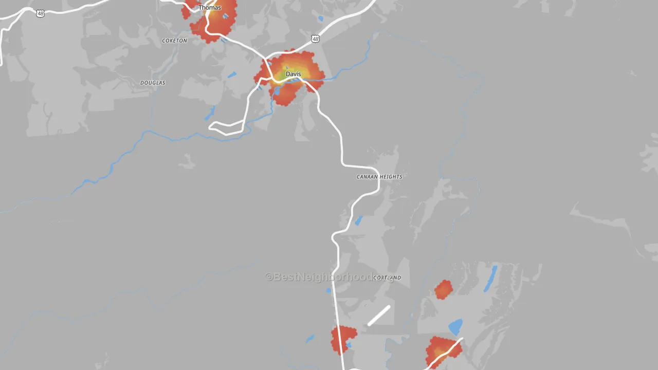 Walk Grade map of 26260, WV, walkable areas in green and car-dependent areas in red