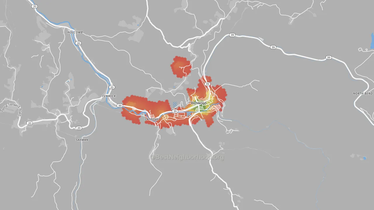 Walk Grade map of 26261, WV, walkable areas in green and car-dependent areas in red