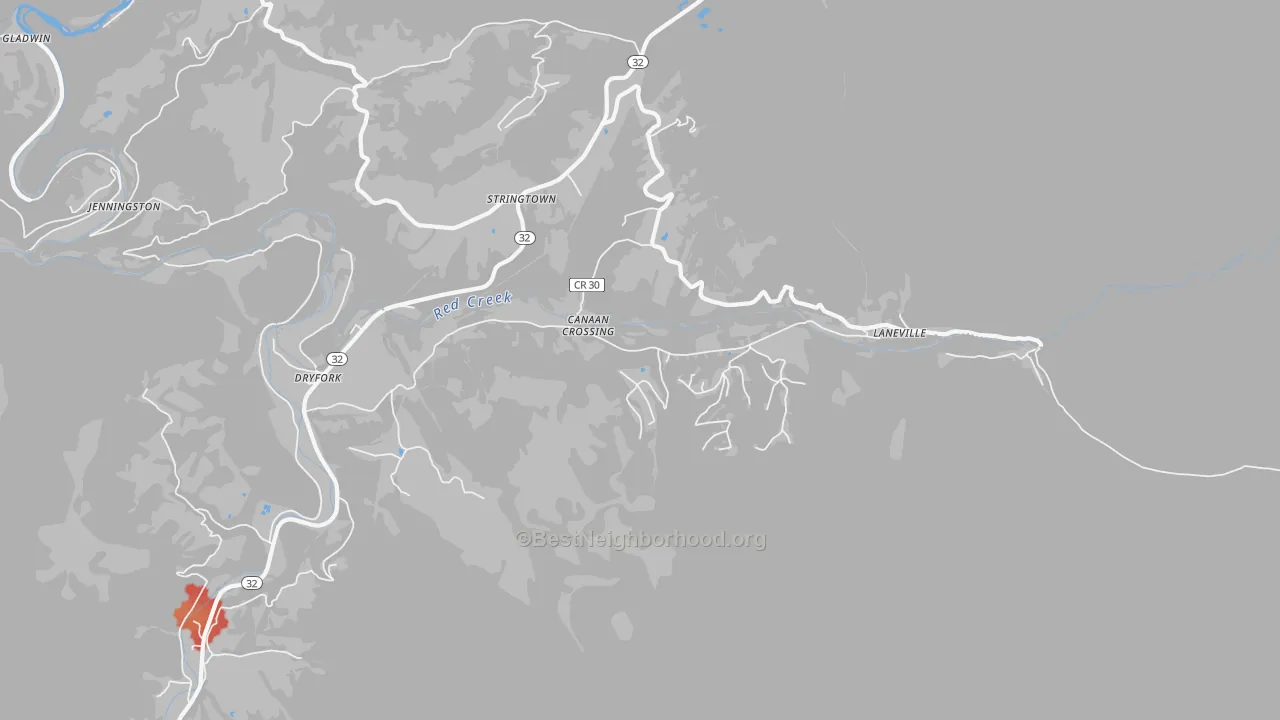 Walk Grade map of 26263, WV, walkable areas in green and car-dependent areas in red