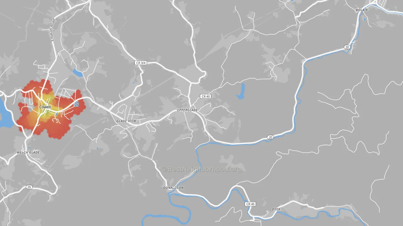 Walk Grade map of 26266, WV, walkable areas in green and car-dependent areas in red