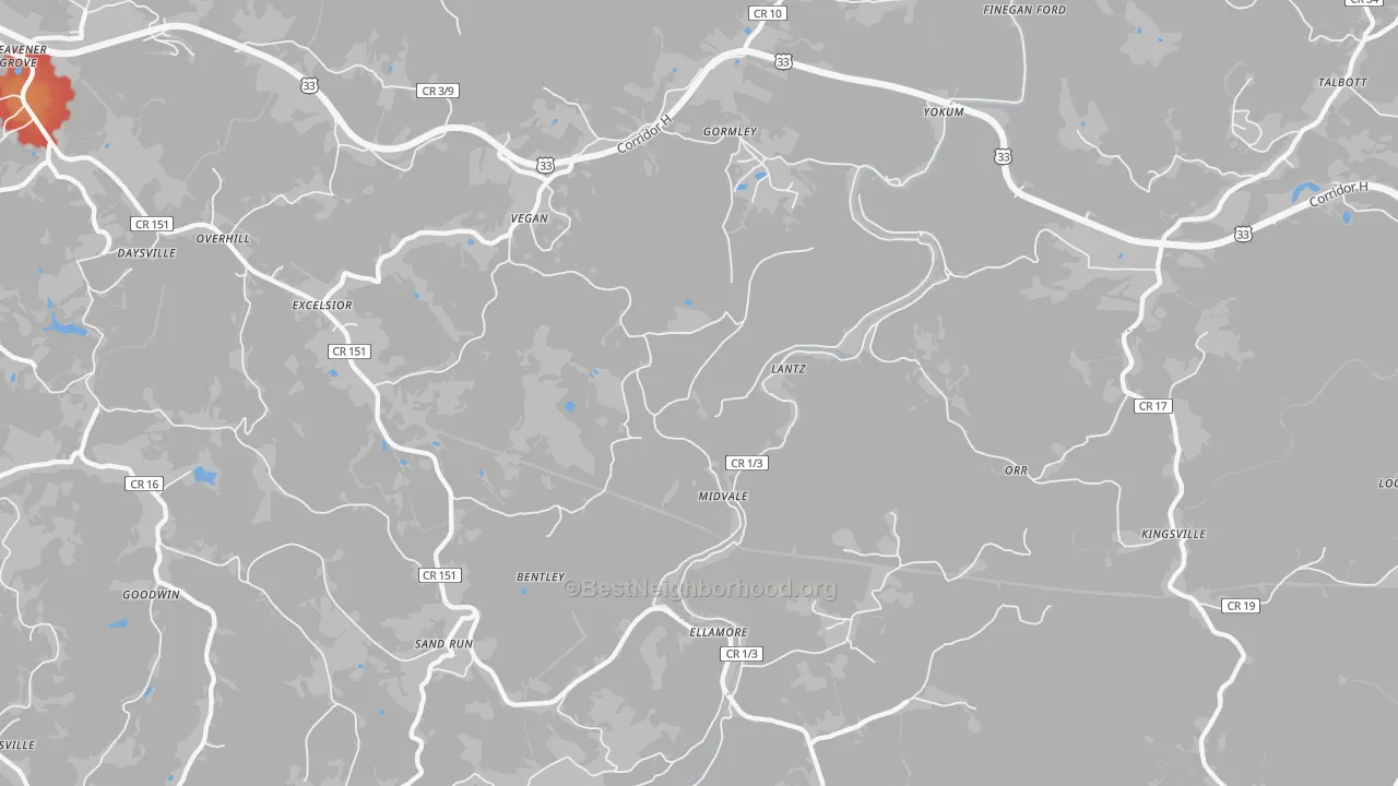 Walk Grade map of 26267, WV, walkable areas in green and car-dependent areas in red