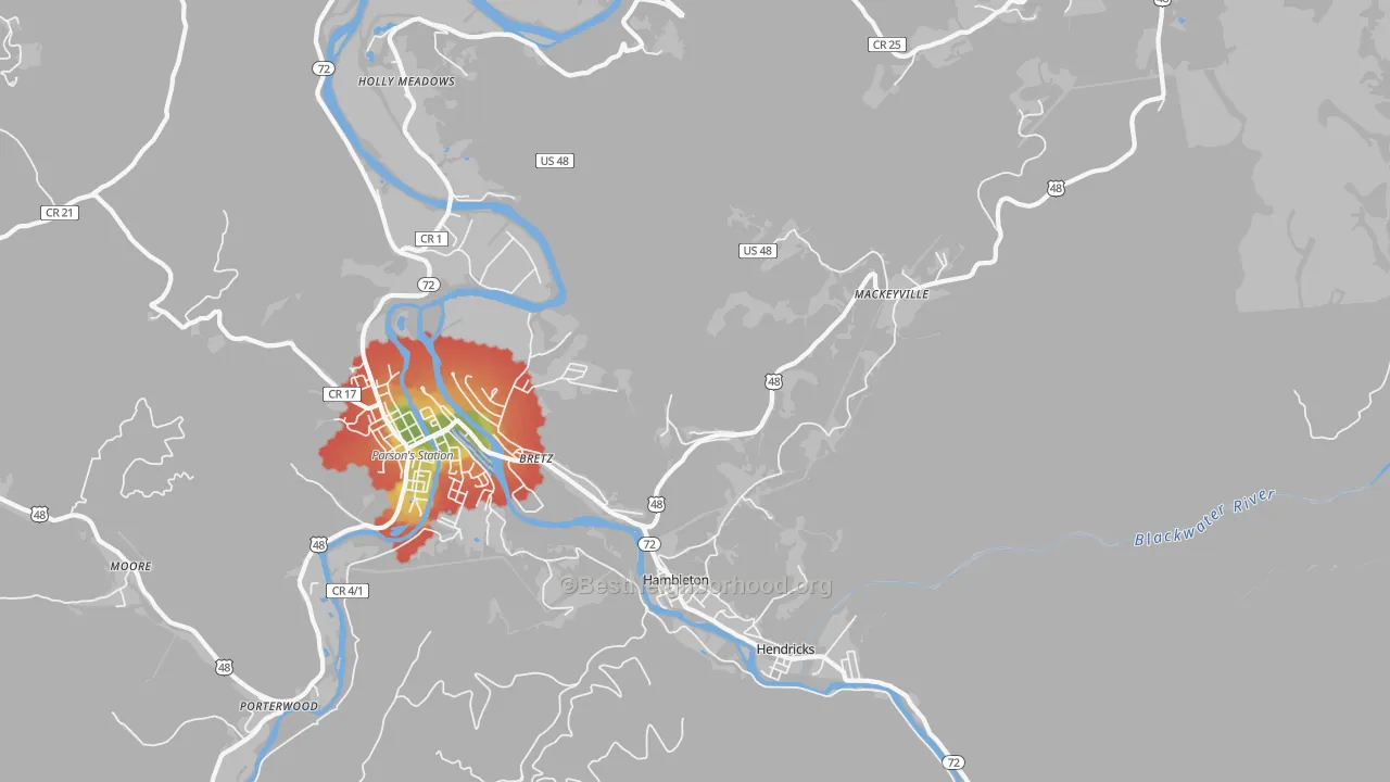 Walk Grade map of 26269, WV, walkable areas in green and car-dependent areas in red