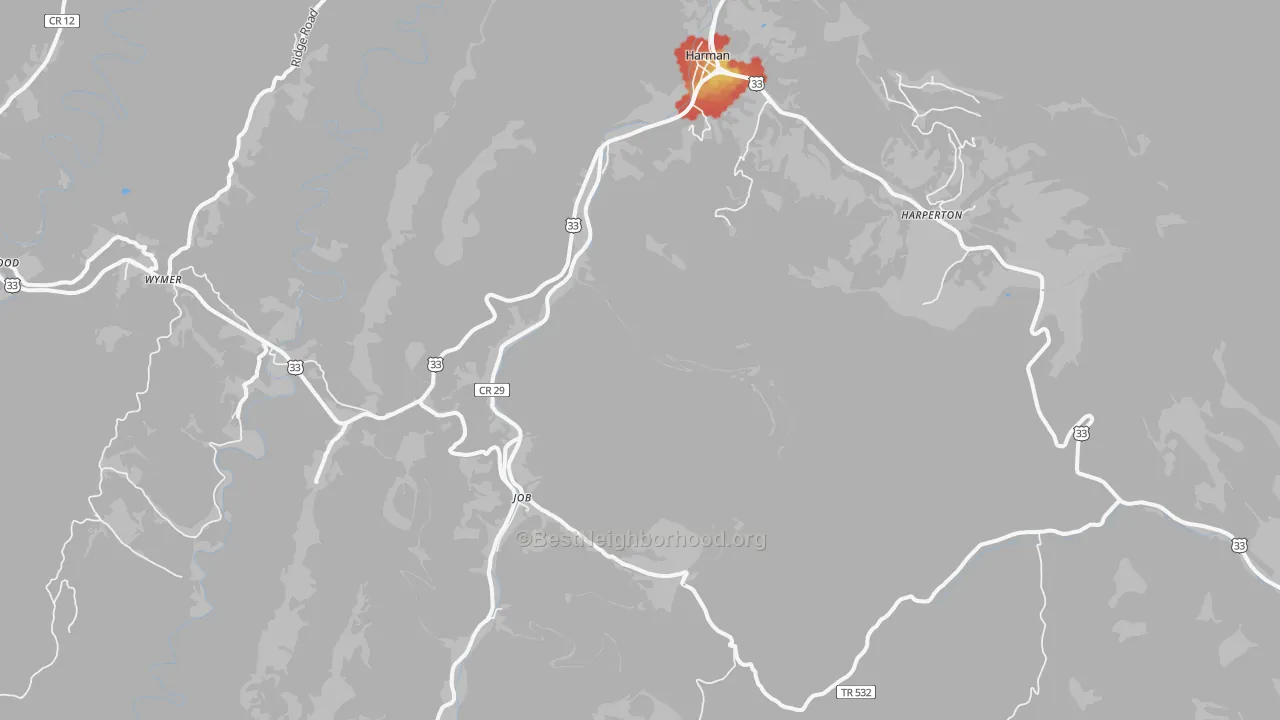 Walk Grade map of 26270, WV, walkable areas in green and car-dependent areas in red