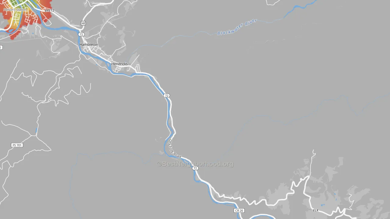 Walk Grade map of 26271, WV, walkable areas in green and car-dependent areas in red
