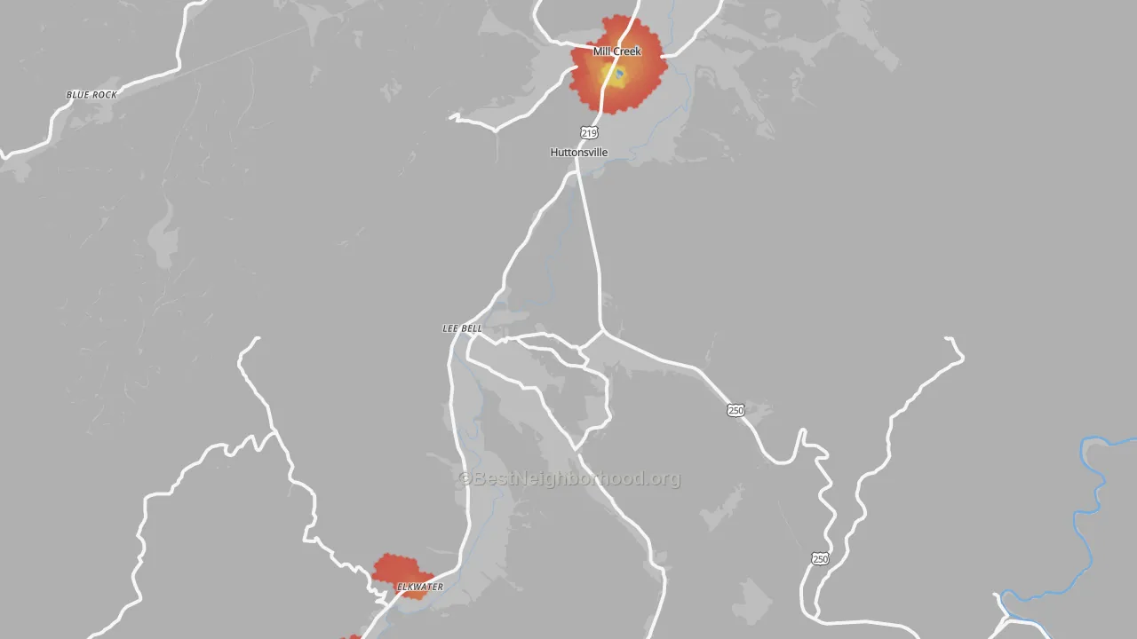 Walk Grade map of 26273, WV, walkable areas in green and car-dependent areas in red