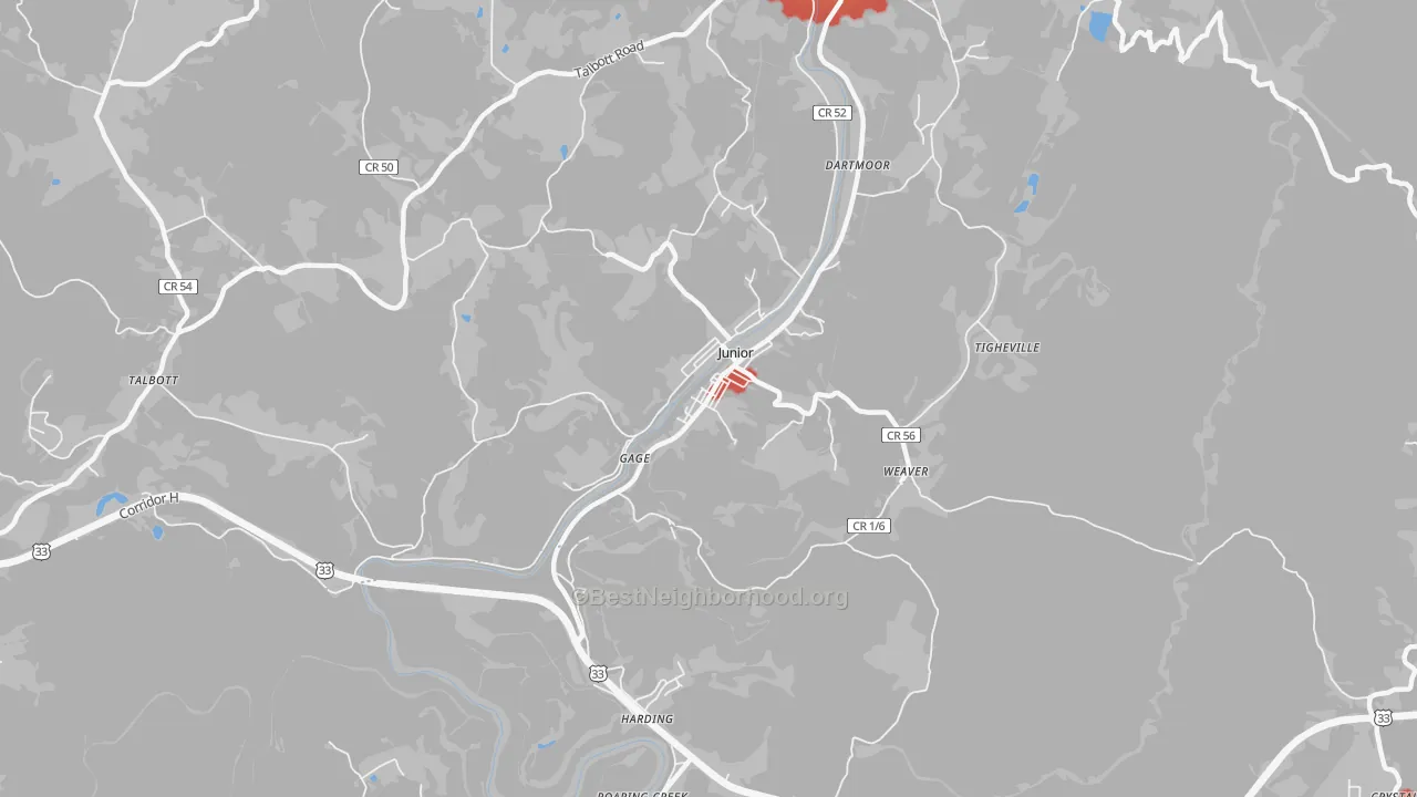 Walk Grade map of 26275, WV, walkable areas in green and car-dependent areas in red