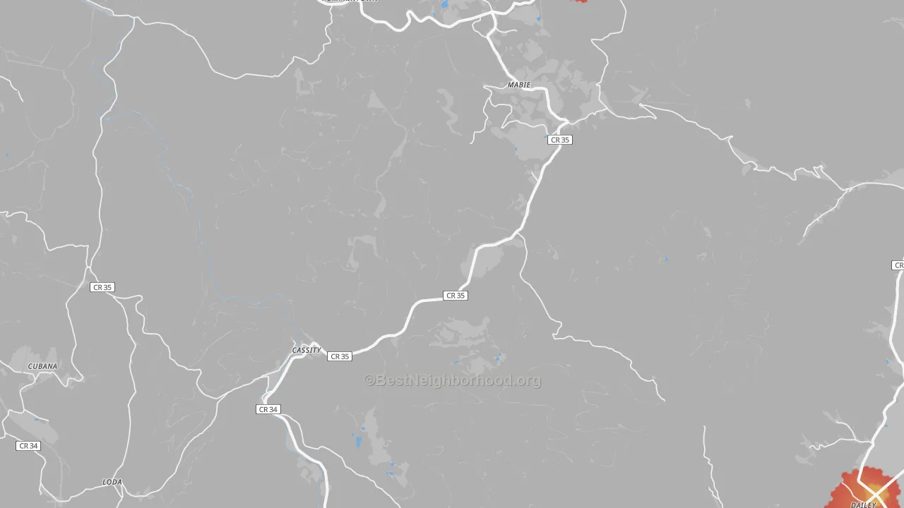Walk Grade map of 26278, WV, walkable areas in green and car-dependent areas in red