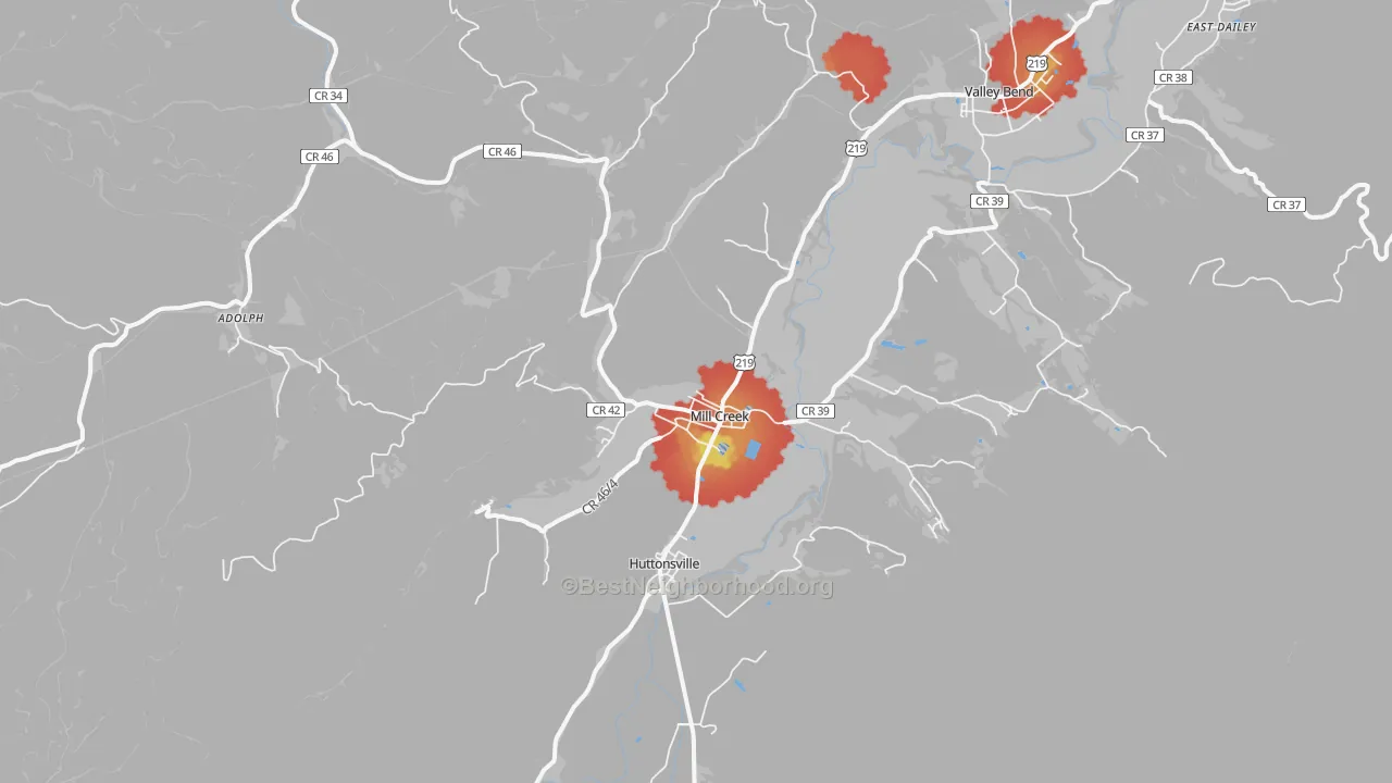 Walk Grade map of 26280, WV, walkable areas in green and car-dependent areas in red