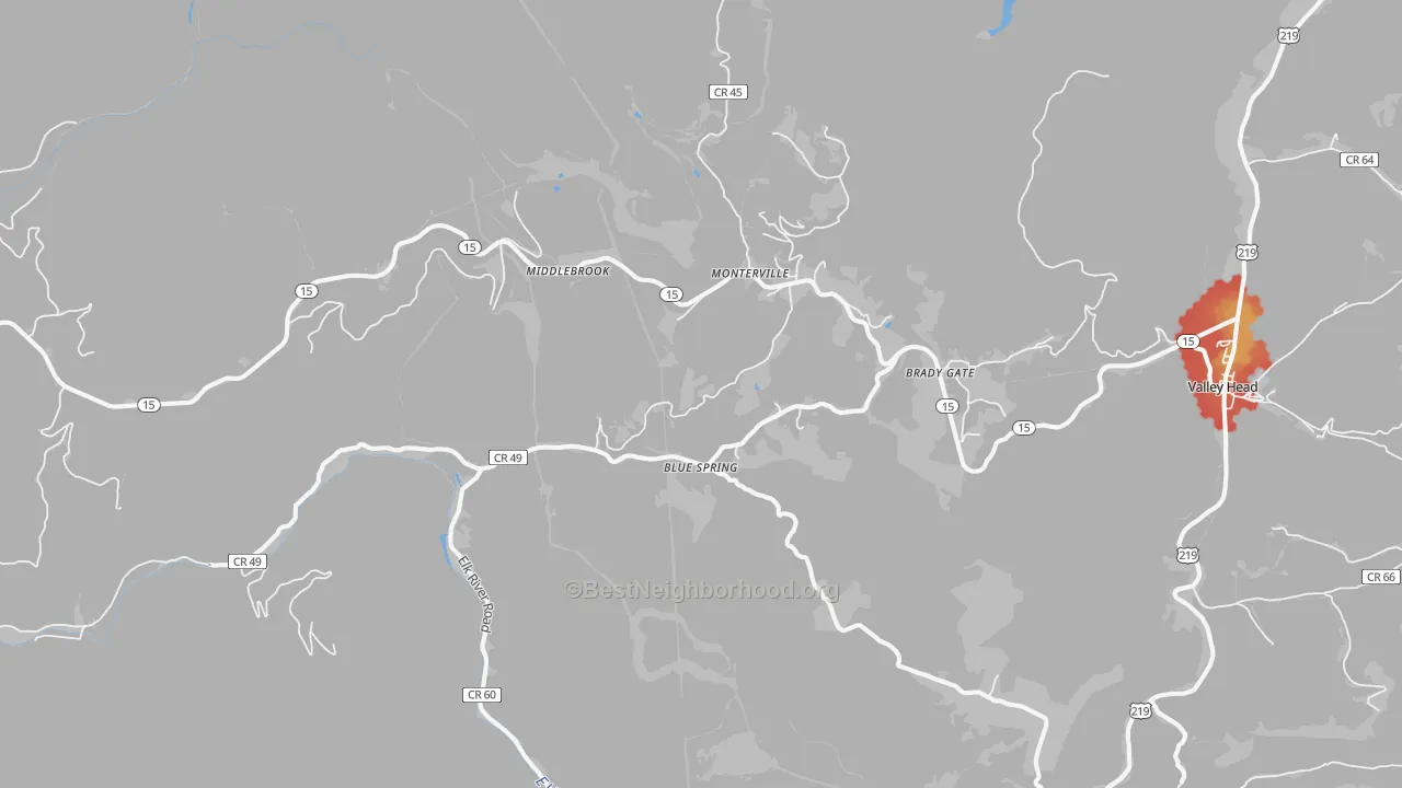 Walk Grade map of 26282, WV, walkable areas in green and car-dependent areas in red