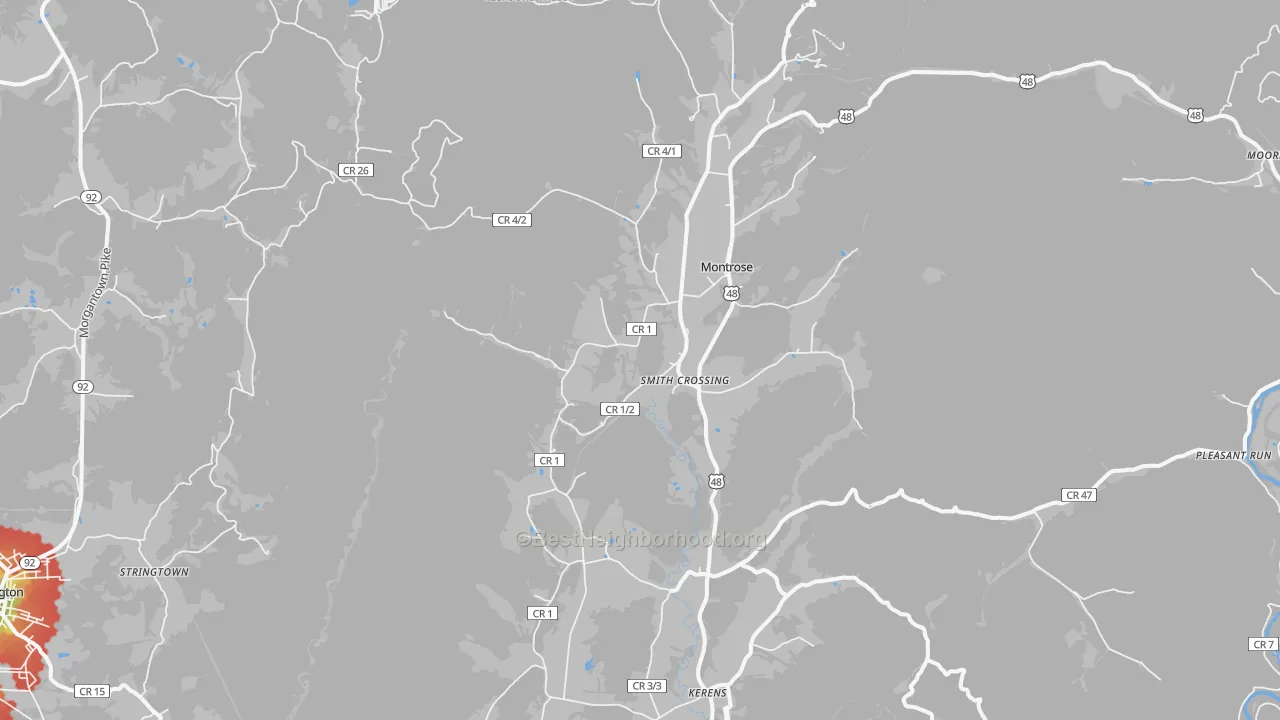 Walk Grade map of 26283, WV, walkable areas in green and car-dependent areas in red