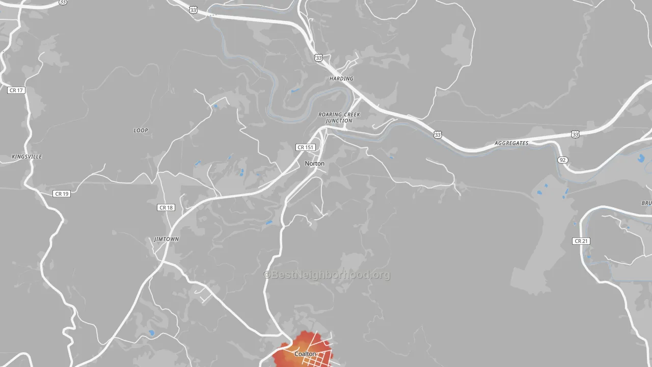 Walk Grade map of 26285, WV, walkable areas in green and car-dependent areas in red