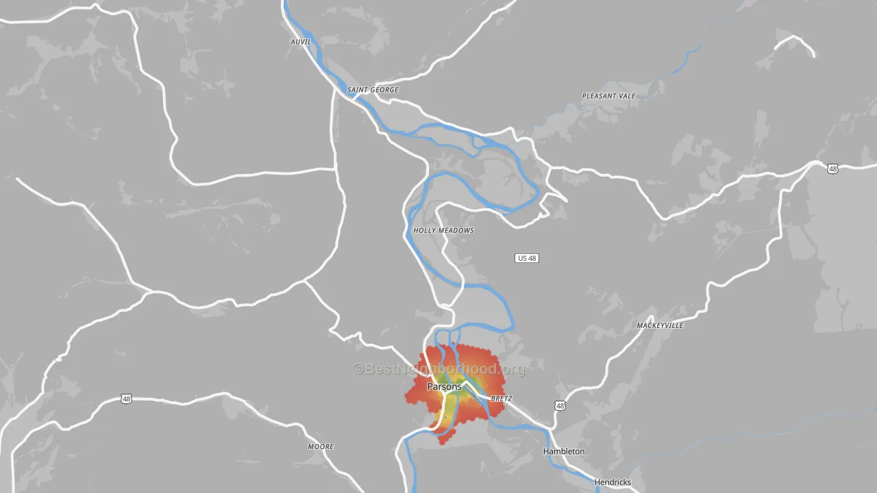 Walk Grade map of 26287, WV, walkable areas in green and car-dependent areas in red