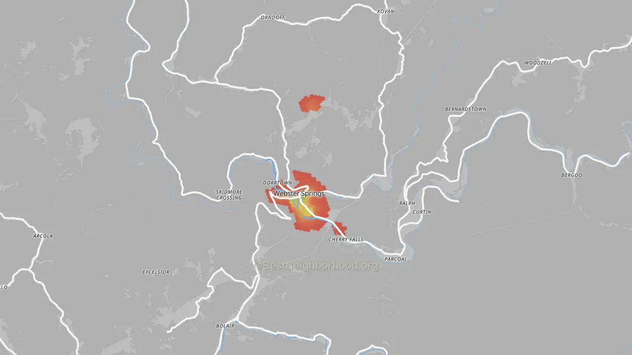 Walk Grade map of 26288, WV, walkable areas in green and car-dependent areas in red