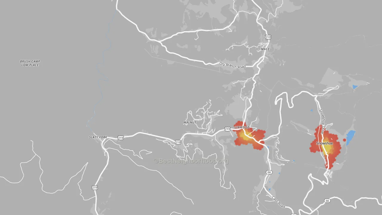 Walk Grade map of 26291, WV, walkable areas in green and car-dependent areas in red