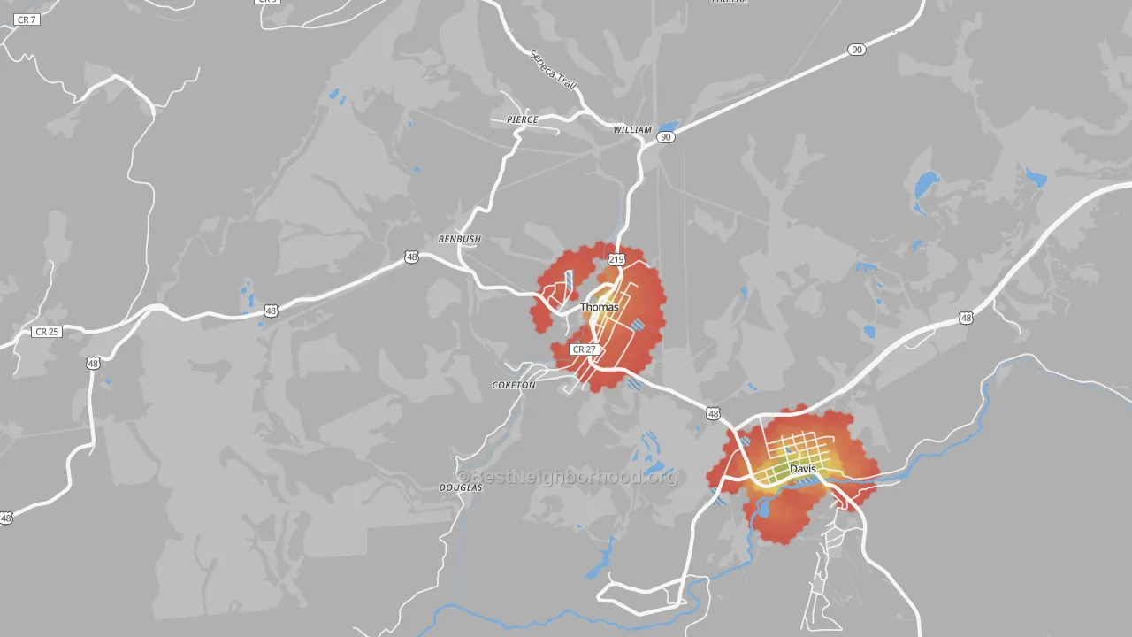 Walk Grade map of 26292, WV, walkable areas in green and car-dependent areas in red