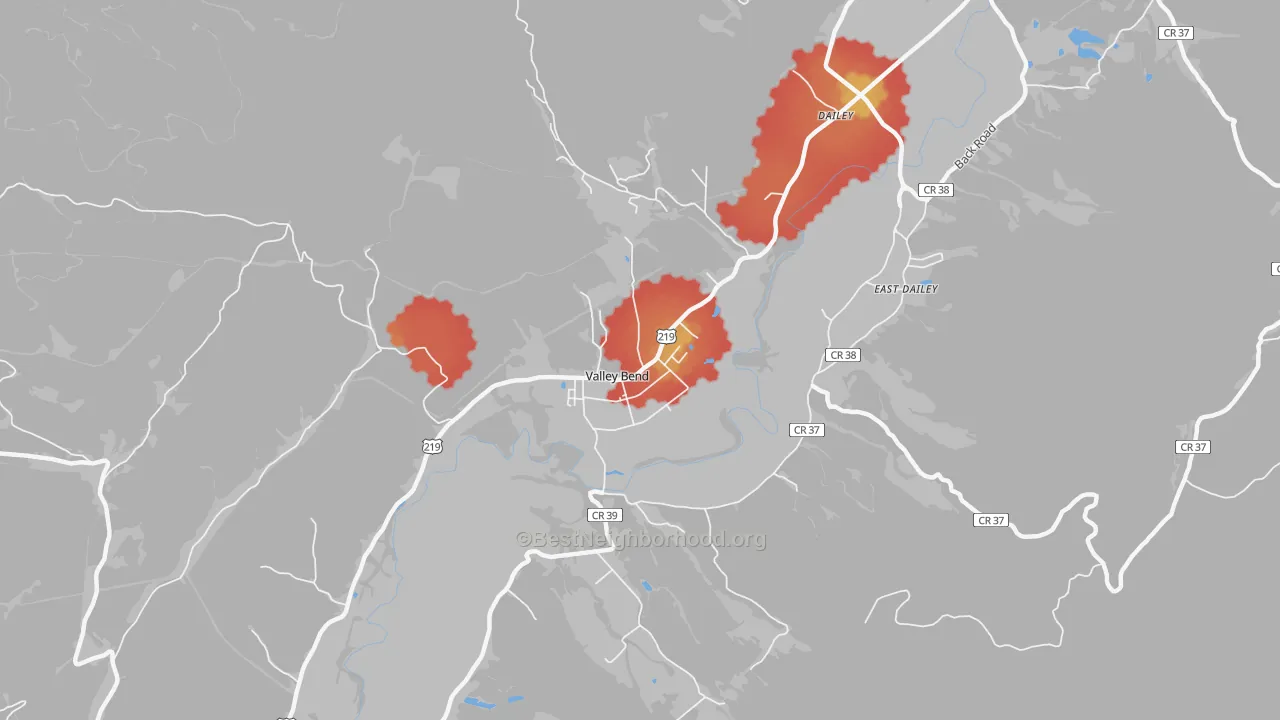 Walk Grade map of 26293, WV, walkable areas in green and car-dependent areas in red