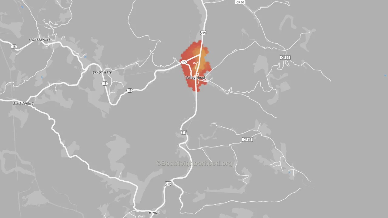 Walk Grade map of 26294, WV, walkable areas in green and car-dependent areas in red