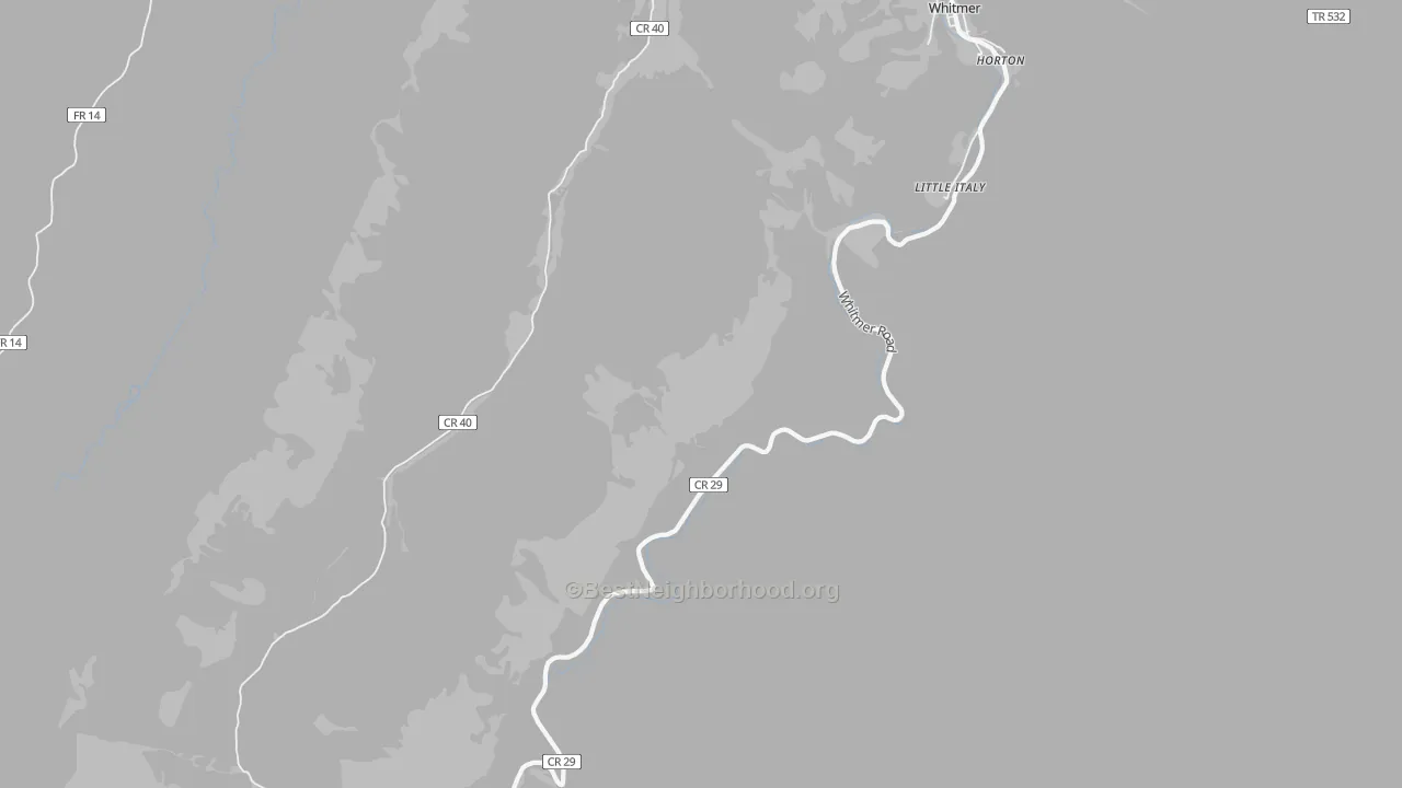 Walk Grade map of 26296, WV, walkable areas in green and car-dependent areas in red