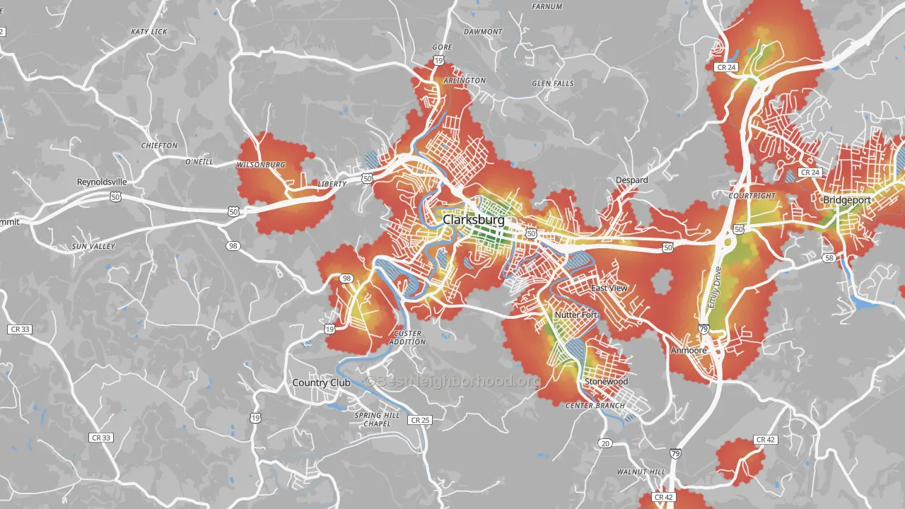 Walk Grade map of 26301, WV, walkable areas in green and car-dependent areas in red