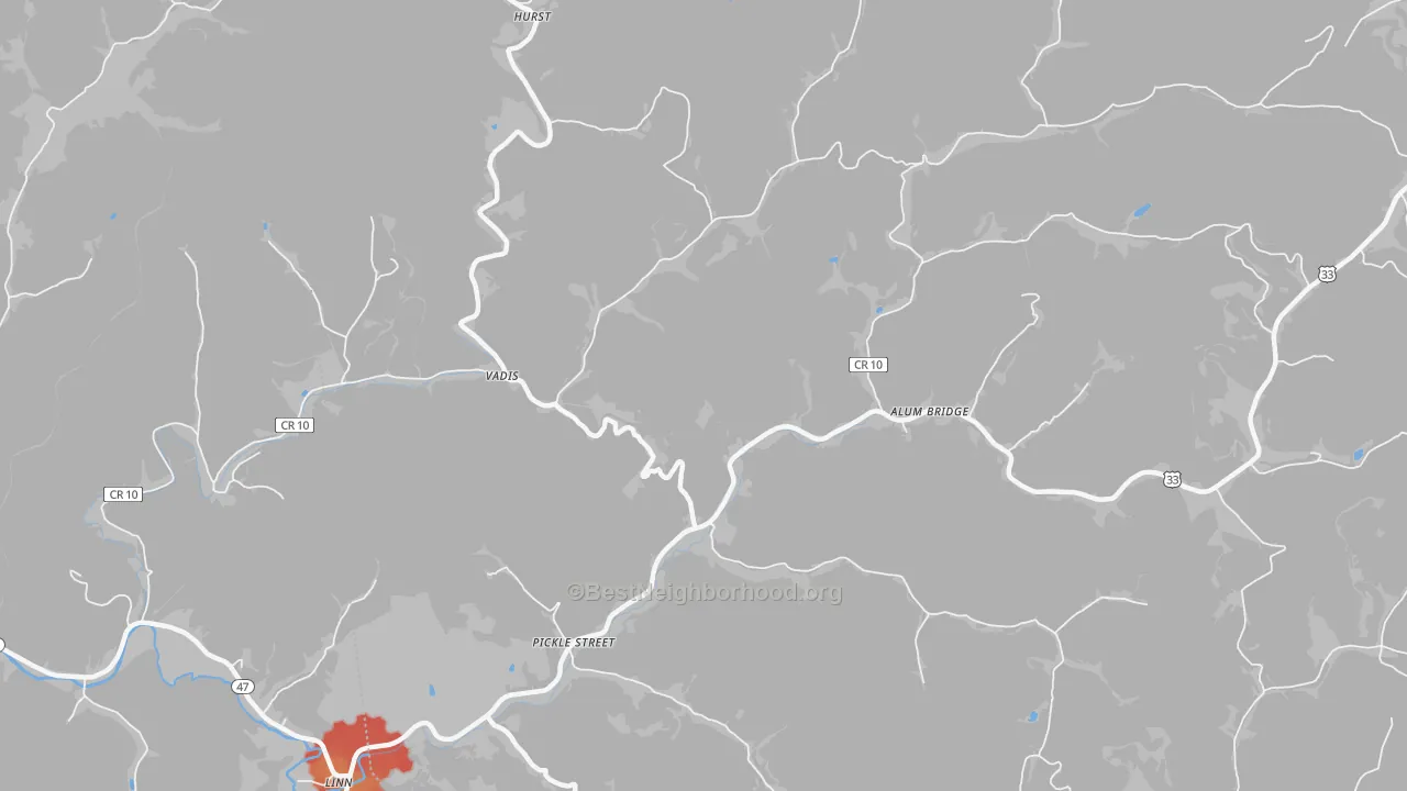 Walk Grade map of 26321, WV, walkable areas in green and car-dependent areas in red