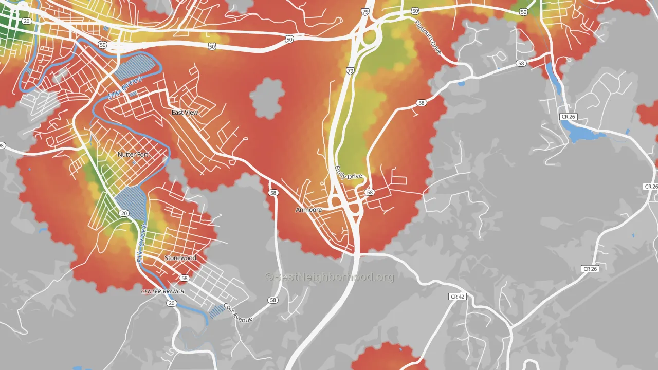 Walk Grade map of 26323, WV, walkable areas in green and car-dependent areas in red