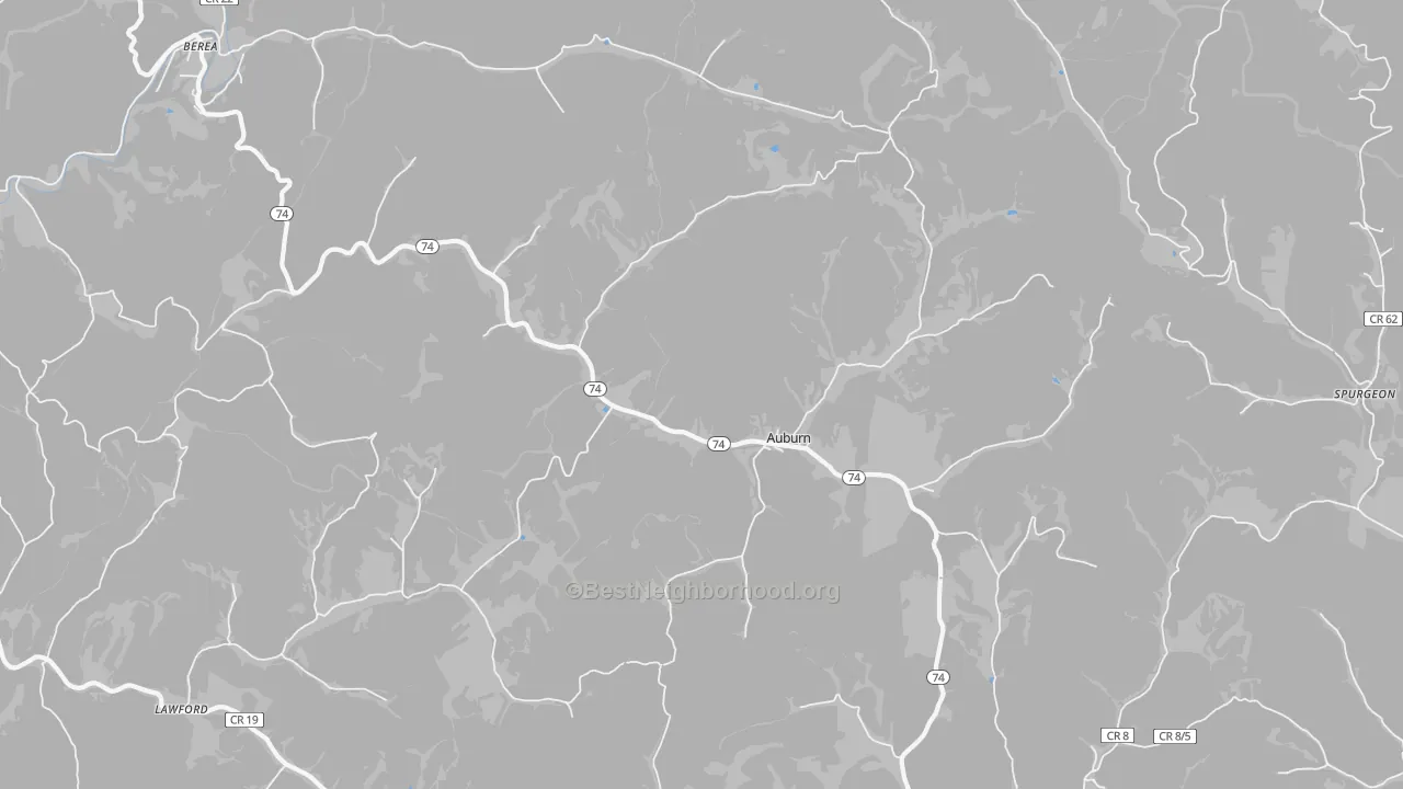 Walk Grade map of 26325, WV, walkable areas in green and car-dependent areas in red