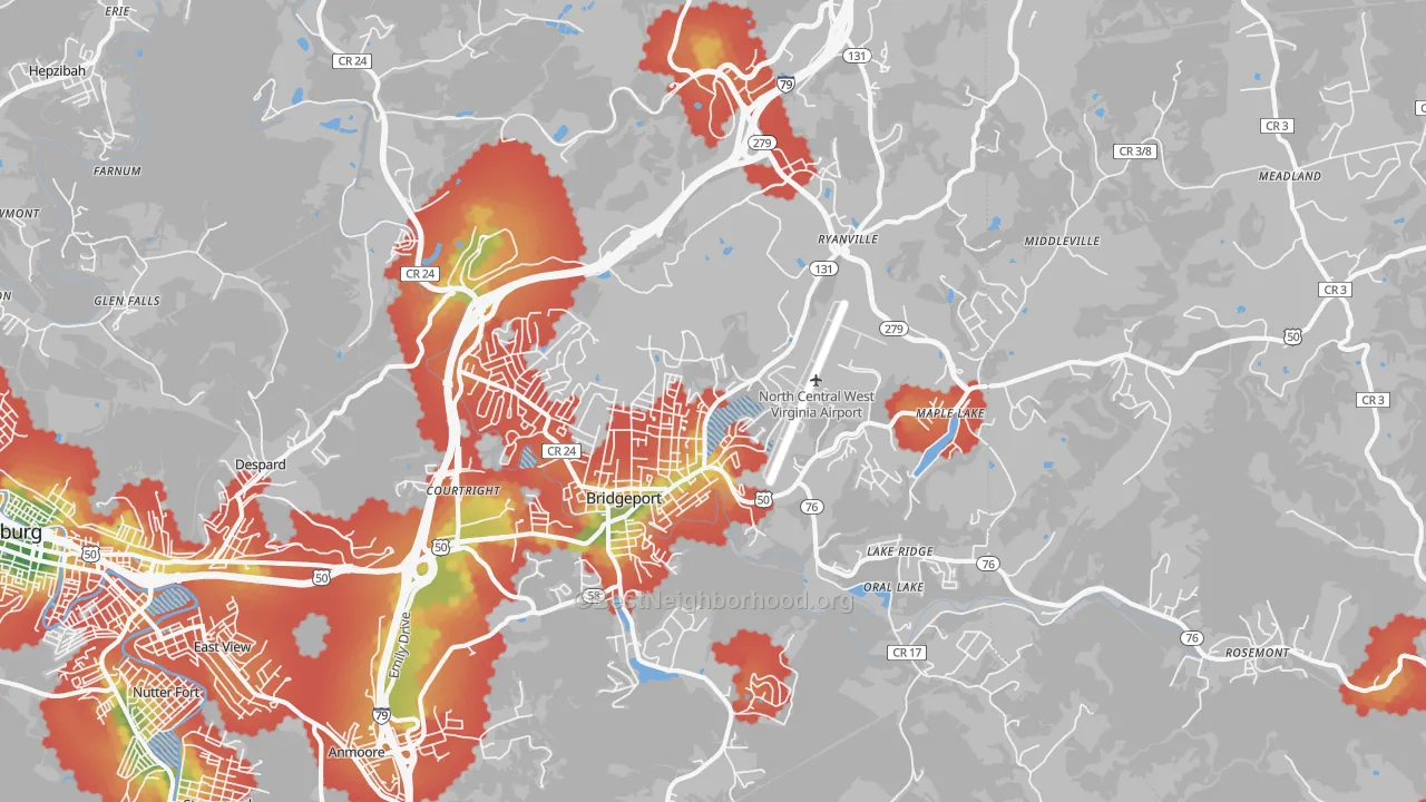 Walk Grade map of 26330, WV, walkable areas in green and car-dependent areas in red