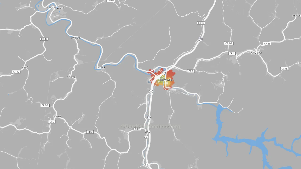 Walk Grade map of 26335, WV, walkable areas in green and car-dependent areas in red