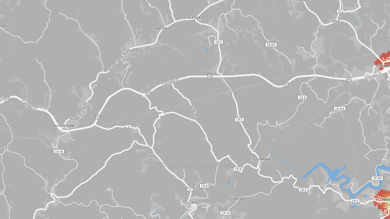 Walk Grade map of 26337, WV, walkable areas in green and car-dependent areas in red