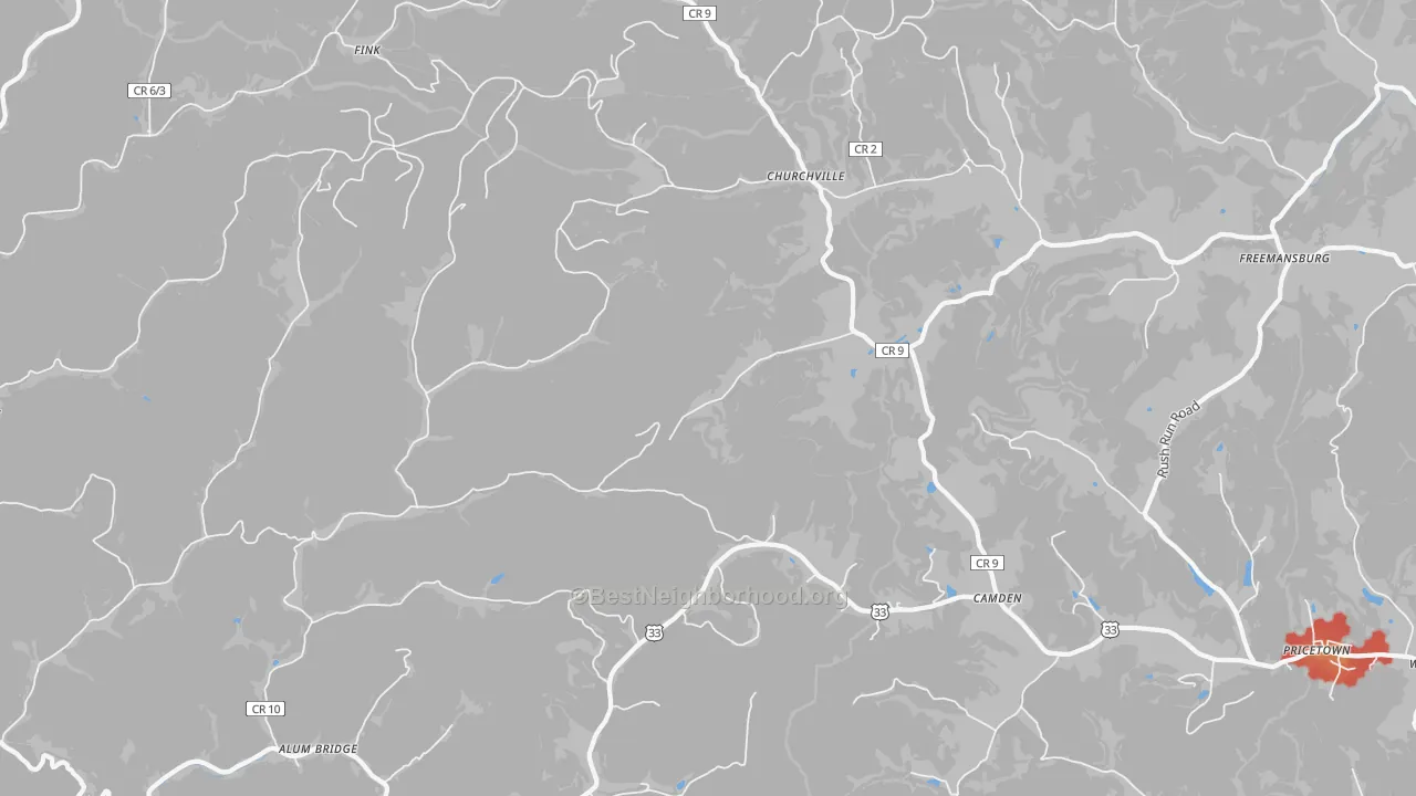 Walk Grade map of 26338, WV, walkable areas in green and car-dependent areas in red